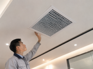 công nhân kiểm tra chất lượng cửa gió