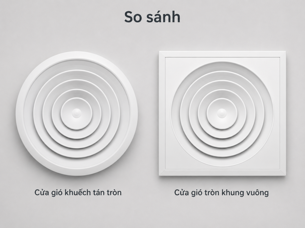 So sánh của gió khuêsch tán tròn và cửa gió tròn khung vuông