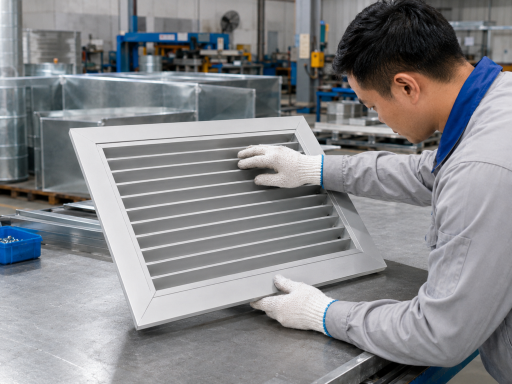 công nhân kiểm tra chất lượng cửa gió