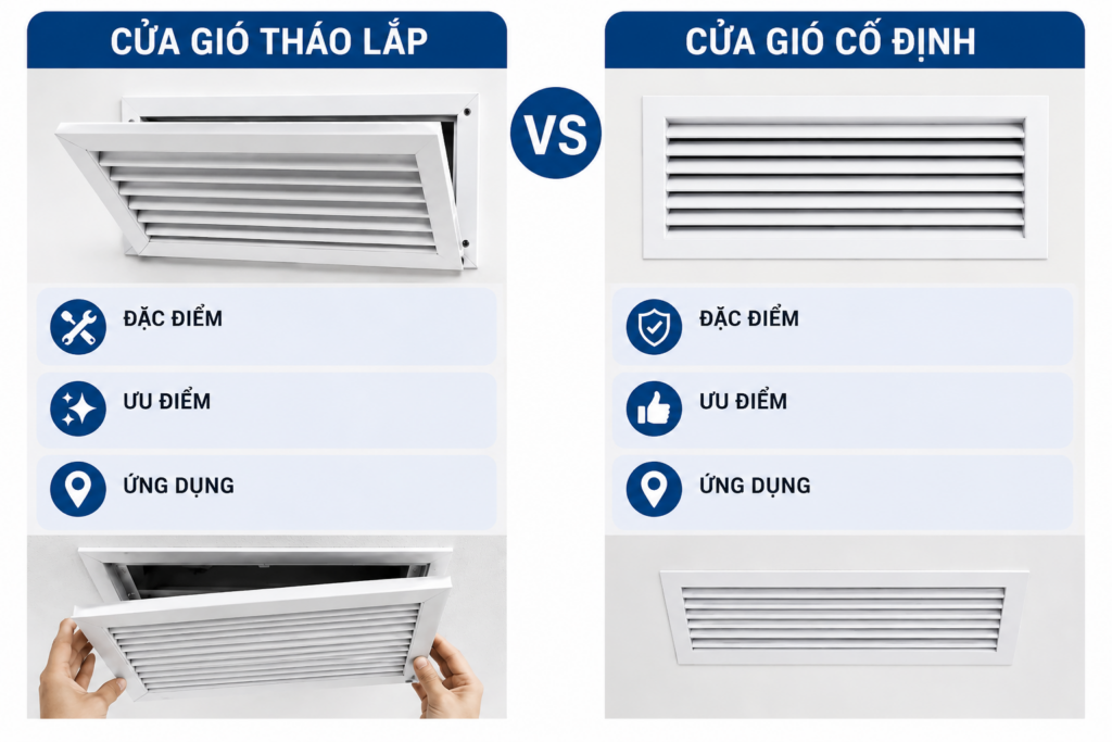 so sánh cửa gió tháo lắp và cửa gió cố định